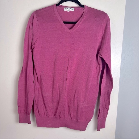 Reiss Pink V-Neck Soft 100% Cotton Ribbed Trim Pull On Long Sleeve Sweater S - Picture 2 of 14